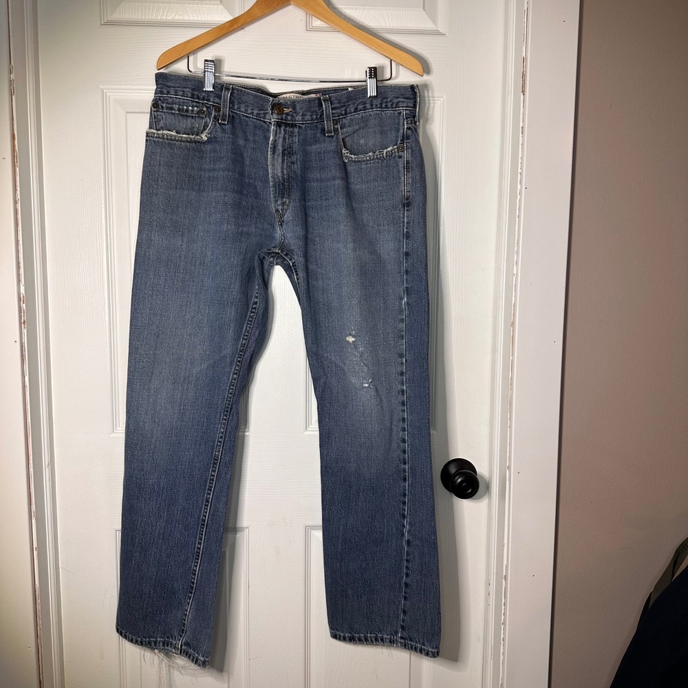 Levis 514 Slim Straight Jeans Mens 36x30 Blue Medium Wash Distressed Thrashed